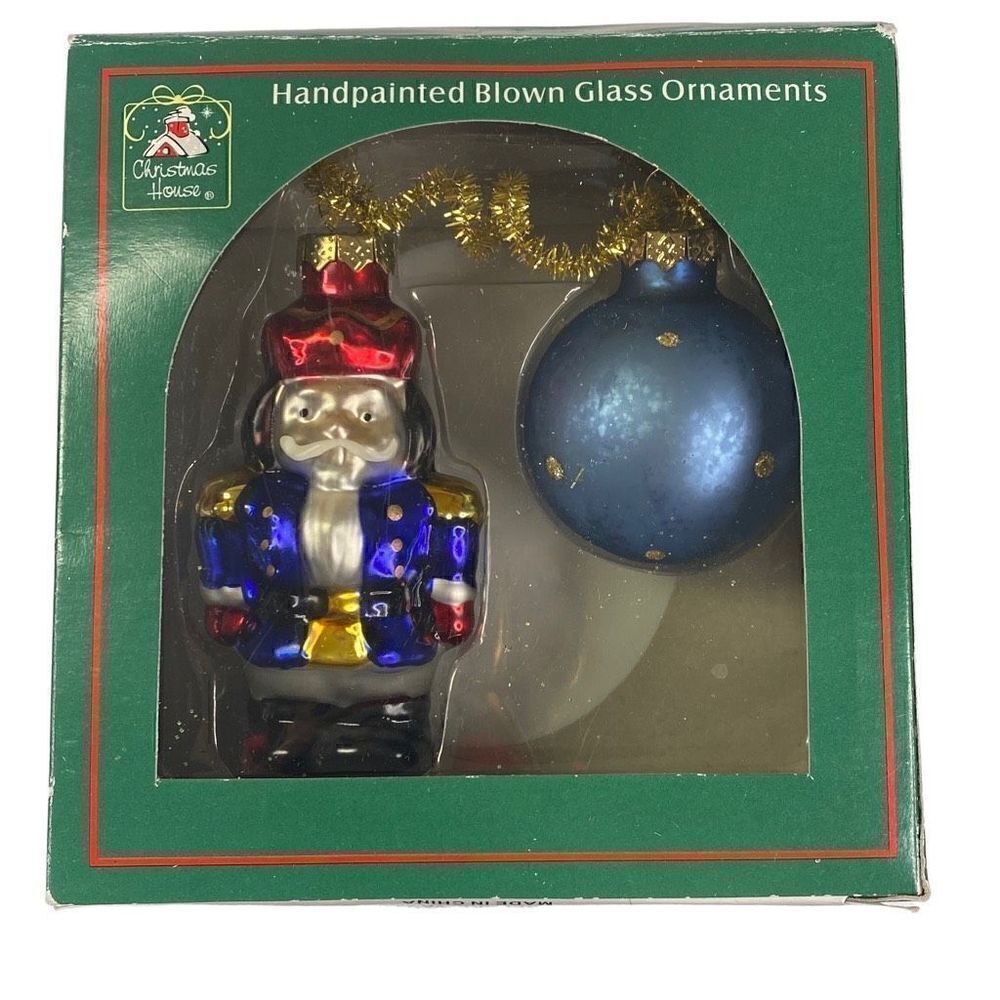 Vintage Christmas House Nutcracker and Bulb Handpainted Blown Glass Ornaments